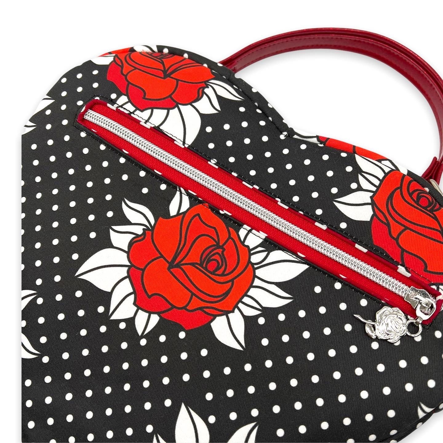 Hand-painted Coral Red Handbag. 'Black and Silver Lace Heart' One Off Wearable Art. Valentine's Day selling Handbag. One of A Kind Unique Bag.