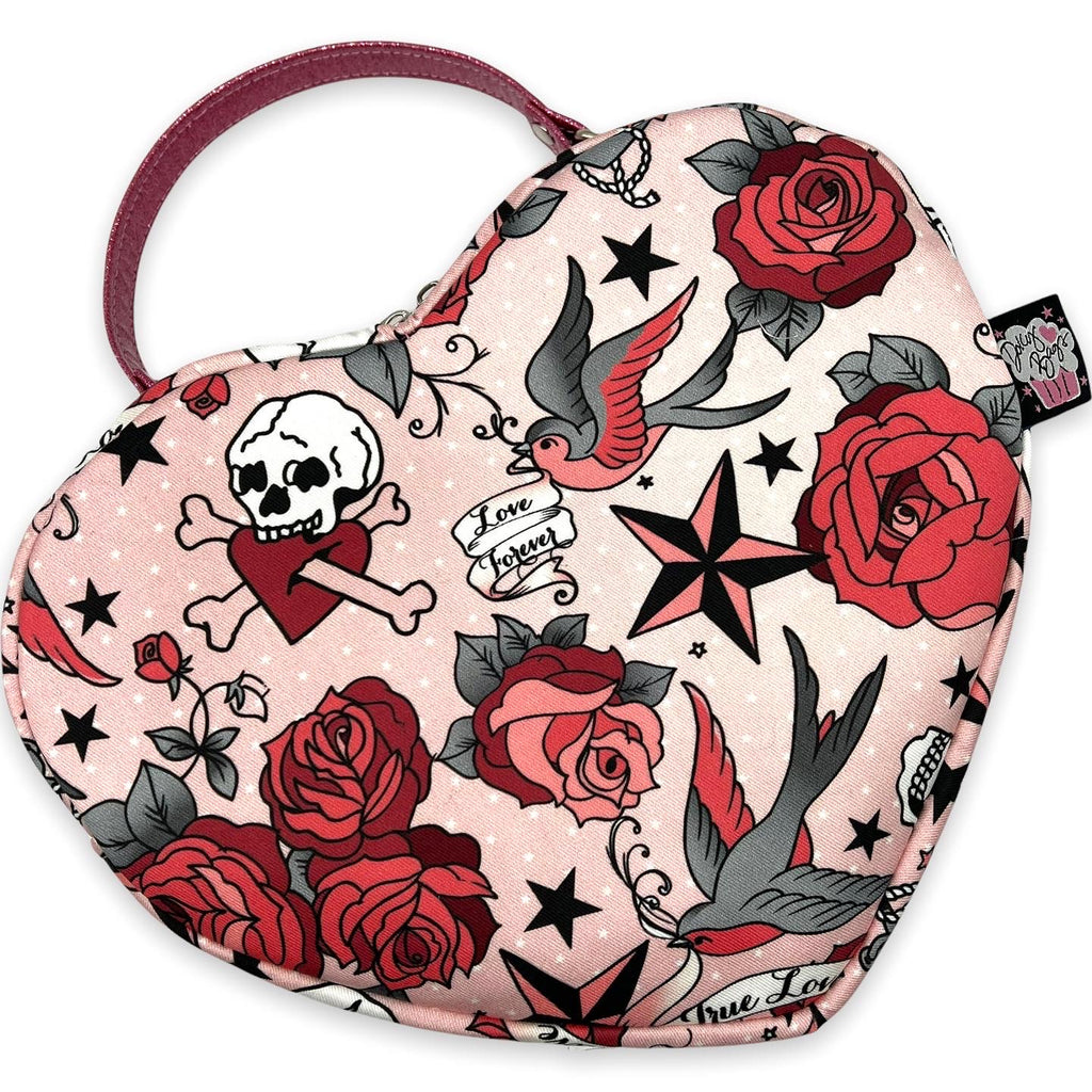 pink tattoo heart shaped bag custom made purse fabric vegan dungareedolly dolly valentine dolly bags rockabilly old school tattoo skull sparrow rose 